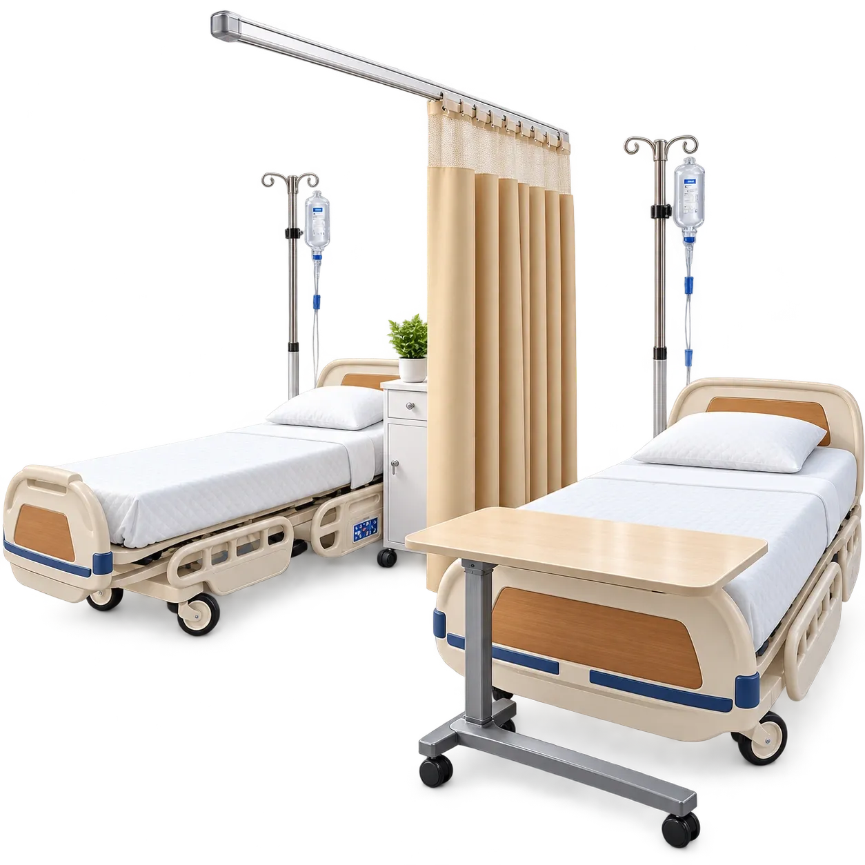 Habitación de hospitalización con dos camas clínicas y cortina de privacidad