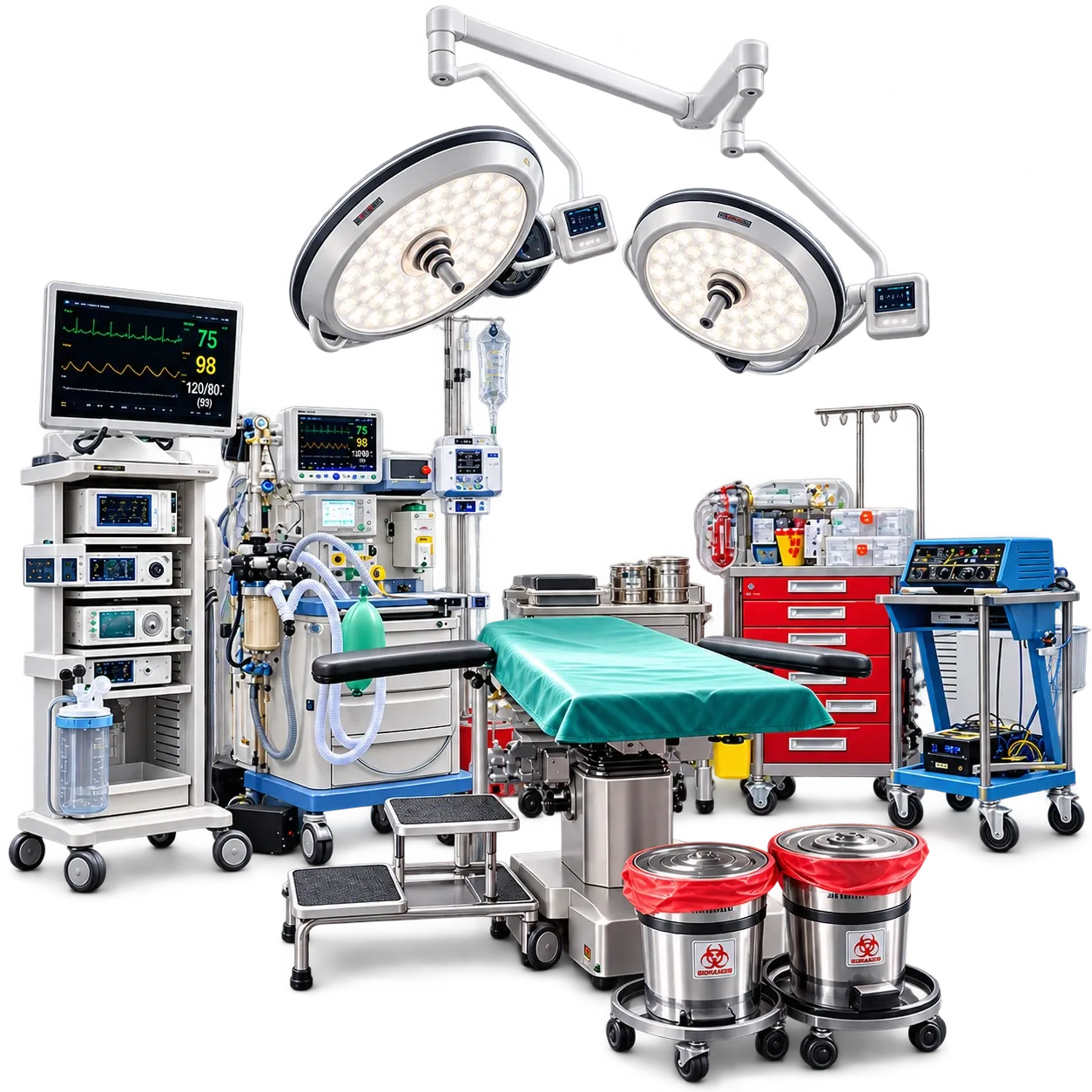 Sala de operaciones equipada con lámparas quirúrgicas, mesa de operaciones y máquina de anestesia