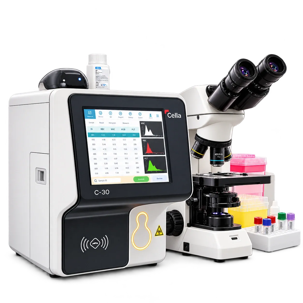 Analizador hematológico y microscopio del laboratorio clínico