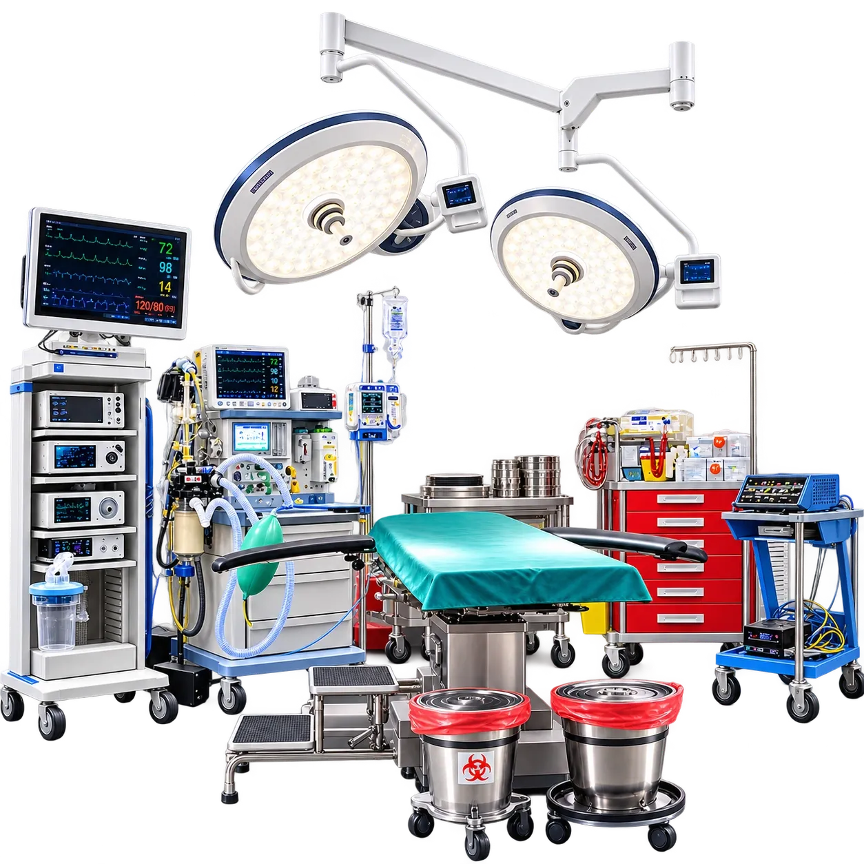Sala de operaciones equipada con lámparas quirúrgicas, mesa de operaciones y máquina de anestesia